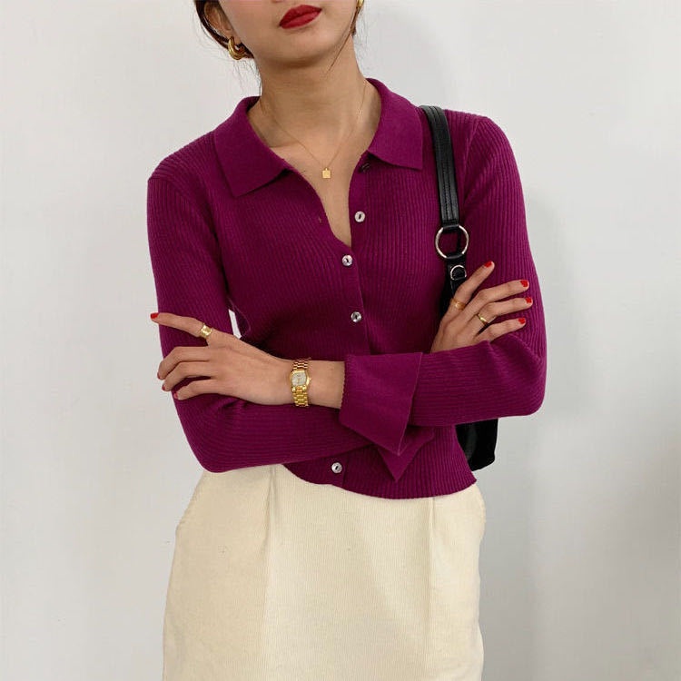 Áo khoác Cardigan dệt kim cổ POLO dáng ôm ngắn phong cách cổ điển thời trang cho nữ