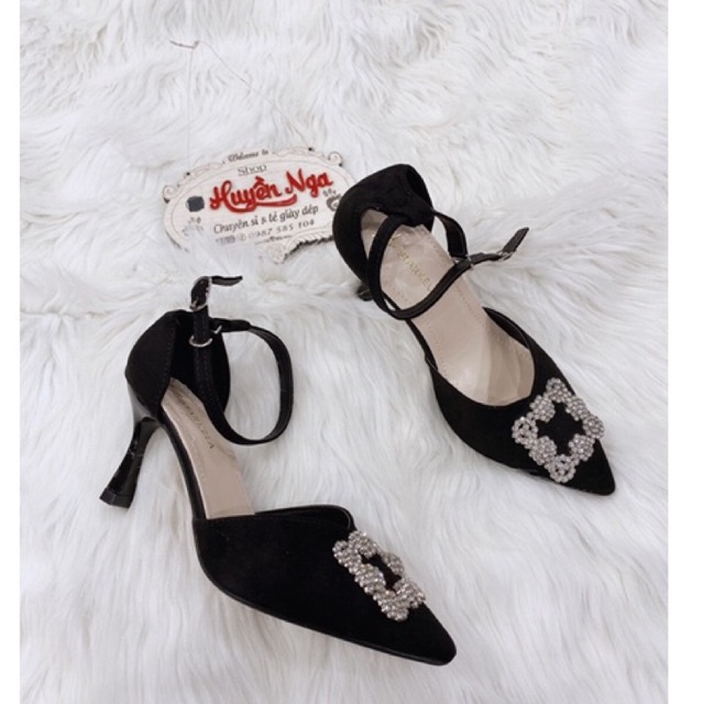 Giày cao gót nữ bịt gót mũi nhọn quai vắt đính đá