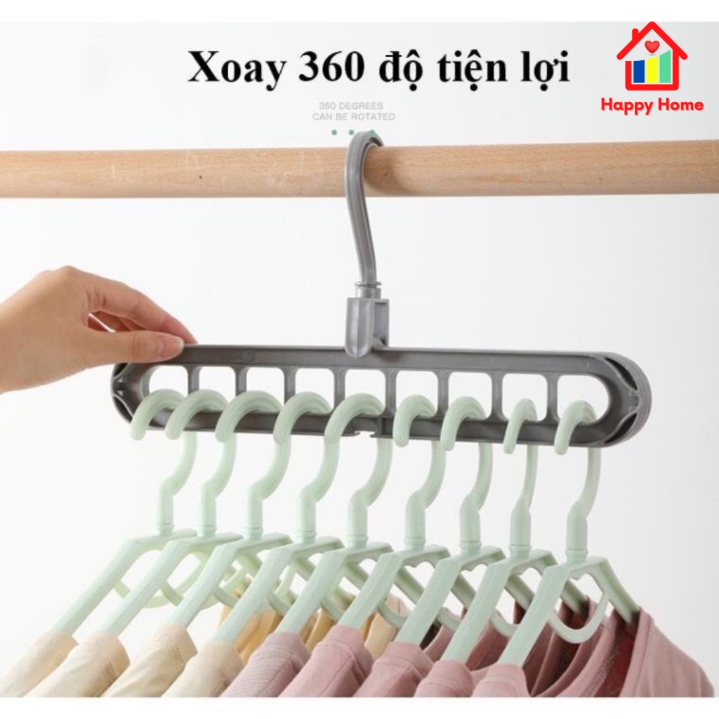 Móc treo đồ quần áo 9 lỗ thông minh xoay 360 độ siêu tiết kiệm không gian, Thanh treo nhiều áo Happy Home