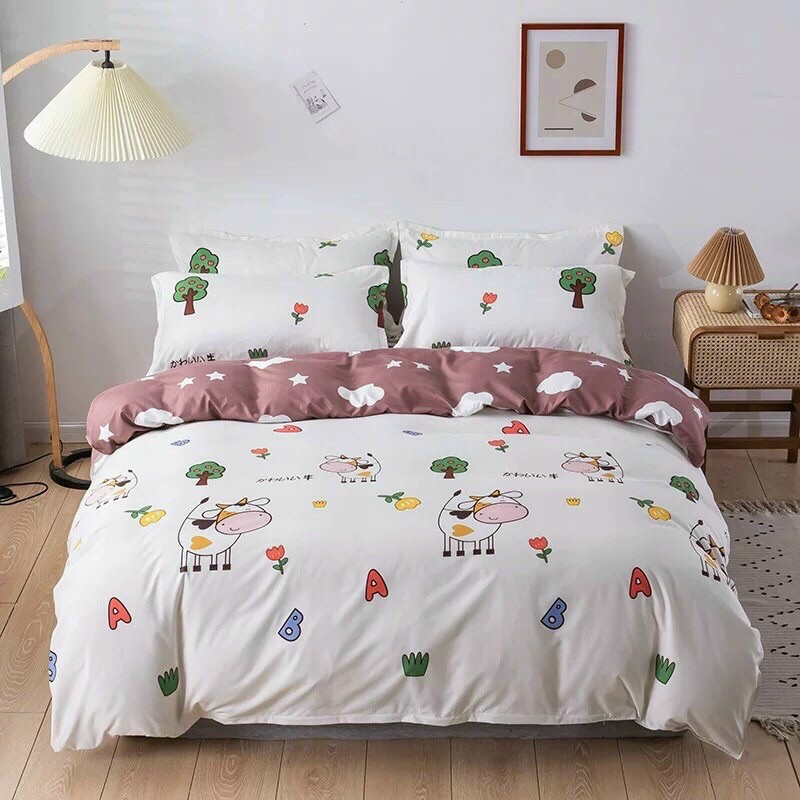 Bộ Chăn Gối Cotton Poly Bò Trắng