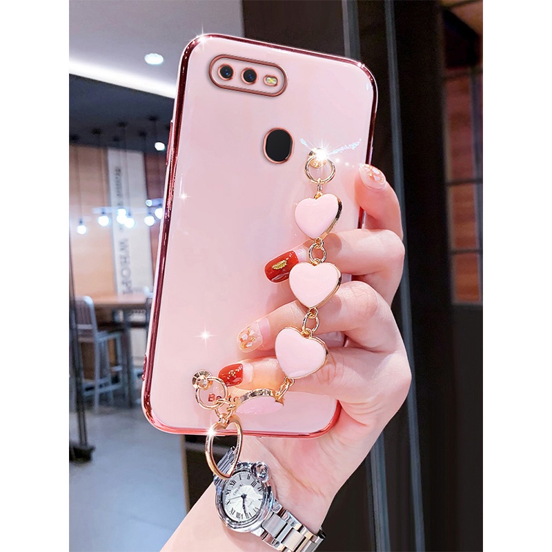 Ốp điện thoại bằng silicon có dây đeo cổ tay hình trái tim dễ thương dành cho Oppo A5S A7 A12
