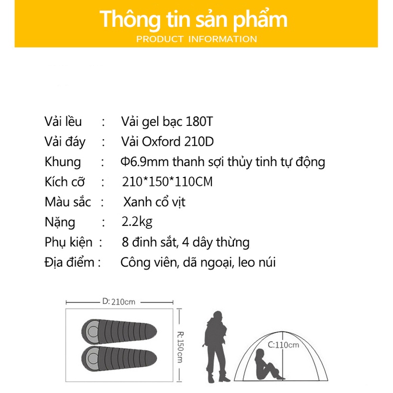 SP91 Lều cắm trại dã ngoại câu ca du lich cao cấp tự động bật mở 2- 3 người gập cất dễ dàng chống nước bền bỉ