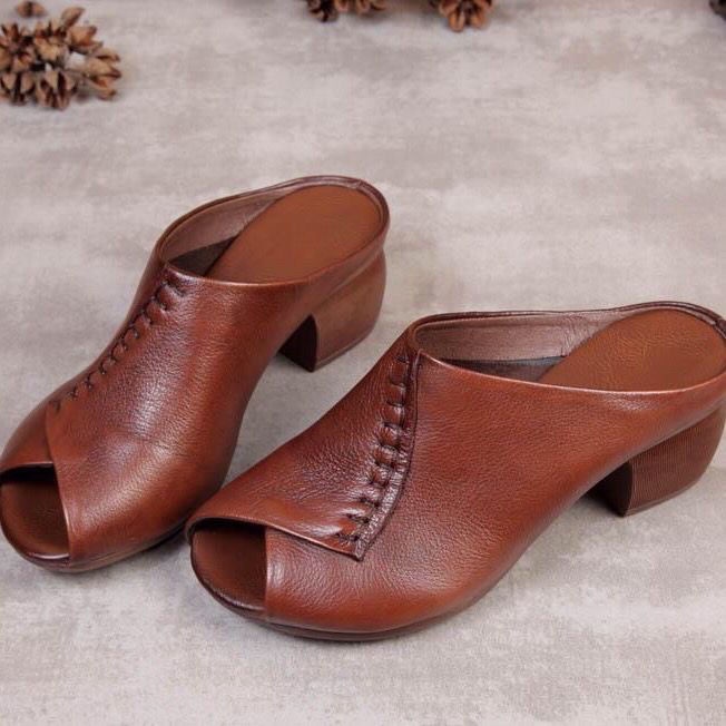 Dép Da Đế Dày Mềm Mại Hở Mũi Phong Cách Retro Thời Trang Cho Nữ