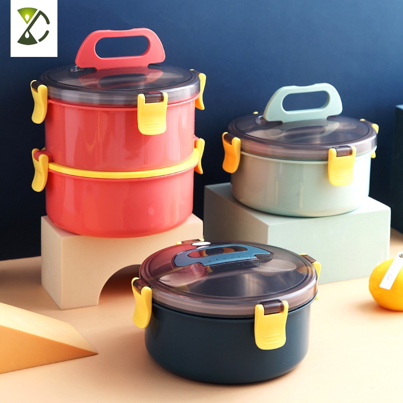 hộp đựng cơm giữ nhiệt Hộp Đựng Cơm Trưa Hai Tầng Cách Nhiệt Bằng Thép Không Gỉ Hình Tròn Dung Tích 800ML 1600ML Có Thể Đựng Điện Thoại Và Muỗng hộp cơm trưa inox hộp cơm trưa inox 2 tầng