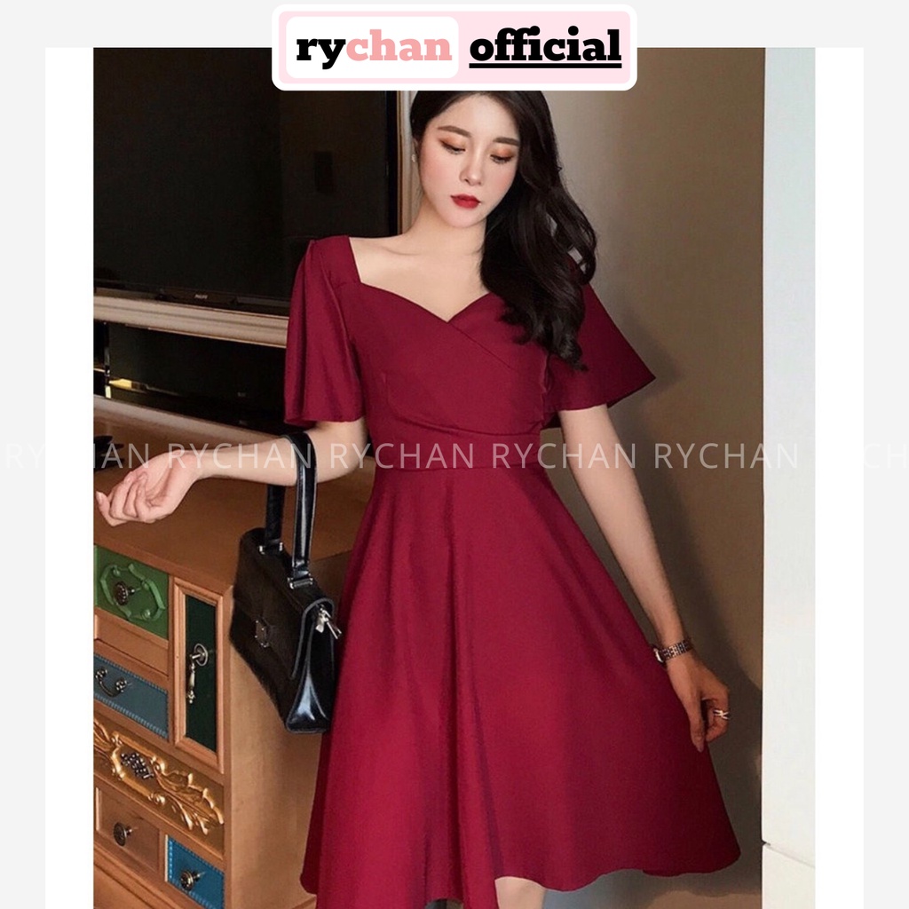 Đầm Xòe Đỏ Rượu Tay Loe Đắp Chéo Thục Nữ - DX551
