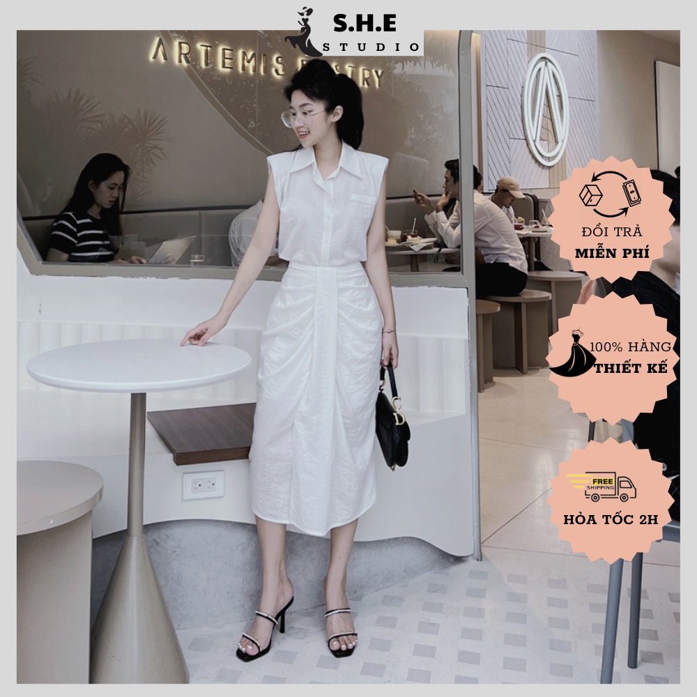 set sơ mi chân váy SHE hàng thiết kế áo độn vai chân váy ly kiểu - SB03