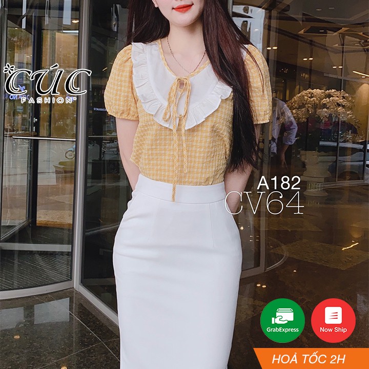 Áo sơ mi nữ cao cấp công sở Cúc Fashion A182 áo kẻ phối trắng
