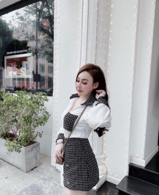 SET SƠ MI MIX CHÂN VÁY DẠ