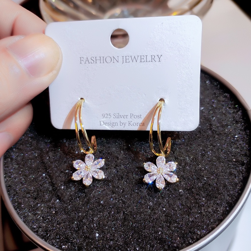 [Jiudolan] Bông Tai Hoa Đính Đá Zircon Sáng Bóng Thanh Lịch Thời Trang Hàn Quốc Dành Cho Bạn Nữ