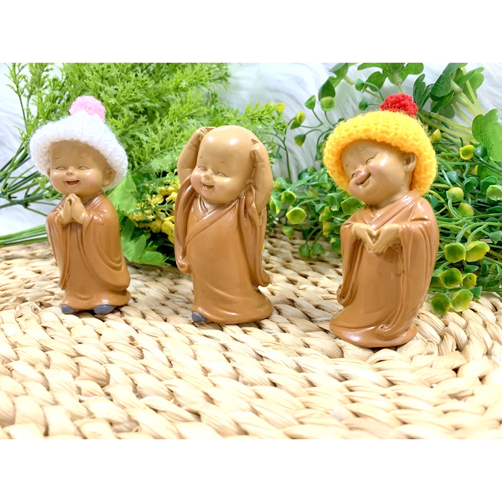 Bộ 3 tượng Chú Tiểu Ấn Độ Hoan Hỉ Tài Lộc Nón Len ( Hình Thật )