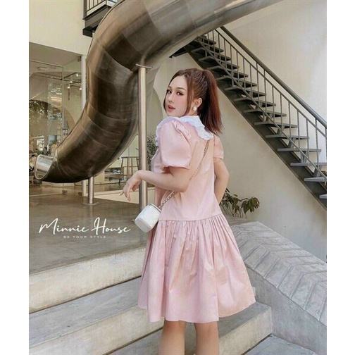 Đầm kate voan babydoll màu hồng phối cổ trắng bèo,đầm tiểu thư tay búp dáng xoè xinh xắn, dạo phố dễ thương