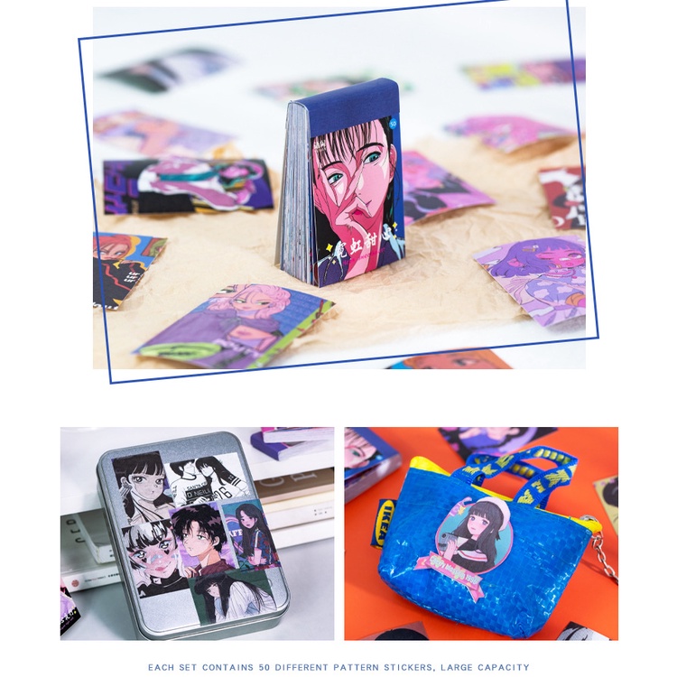 Sticker Set Miếng Dạng Thẻ Sticker Tấm 2 Tờ Dán Retro Anime Girl