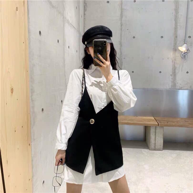 Sét 2 món áo gile cúc 2 dây mix sơ mi thụng siêu cá tính