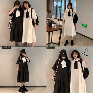 Váy sơ mi nơ cổ v37 chanreen váy sơ mi siêu xinh, nơ cổ tiểu thư, freesize dáng dài rộng