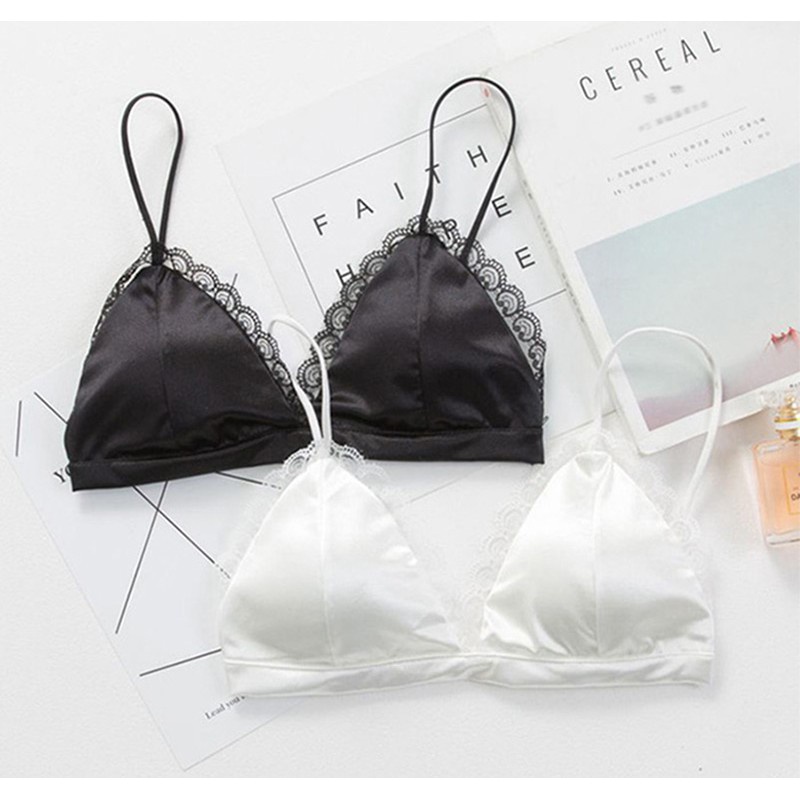 Áo lót nữ, Áo Bra satin thiết kế lụa bóng phối ren lụa đệm mỏng không gọng - BRA SATIN VIỀN REN