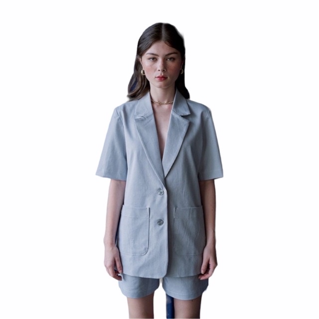 Happy Zoo - Áo Blazer tay ngắn sọc xanh nhạt ( hơi xám )
