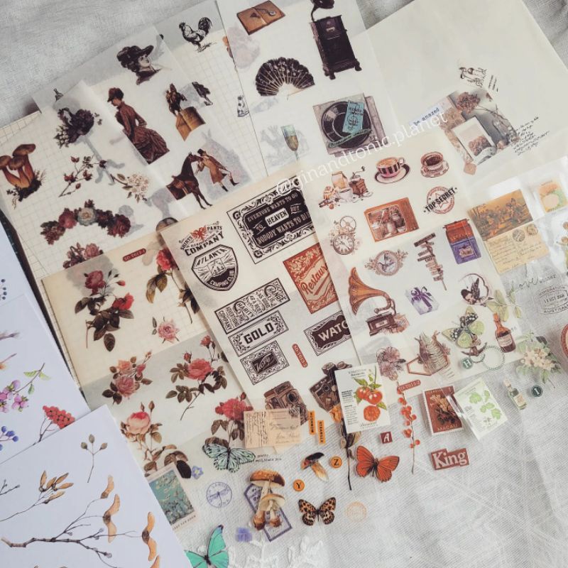 Set mix 10 tấm sticker chủ đề aesthetic và vintage dùng trang trí sổ bullet journal - ginandtonic