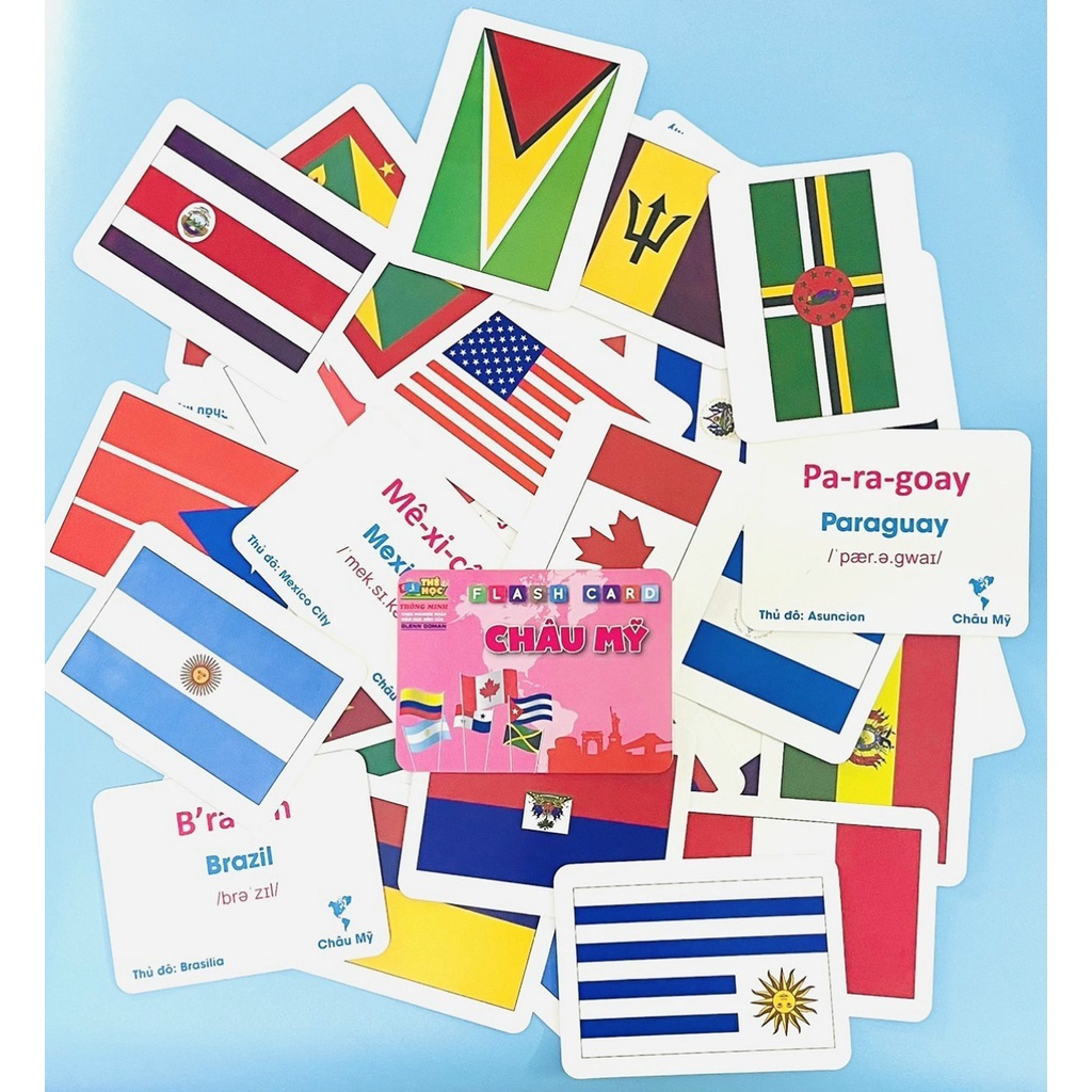 Bộ Thẻ học thông minh - Flash Card QUỐC KỲ CÁC QUỐC GIA TRÊN THẾ GIỚI - 5 Châu lục - 175 Thẻ song ngữ Anh-Việt