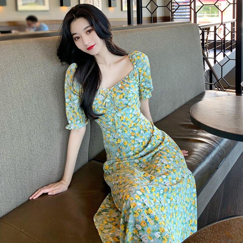 Đầm Hoa Cổ Vuông Xẻ Tà Thời Trang Mùa Hè Pháp