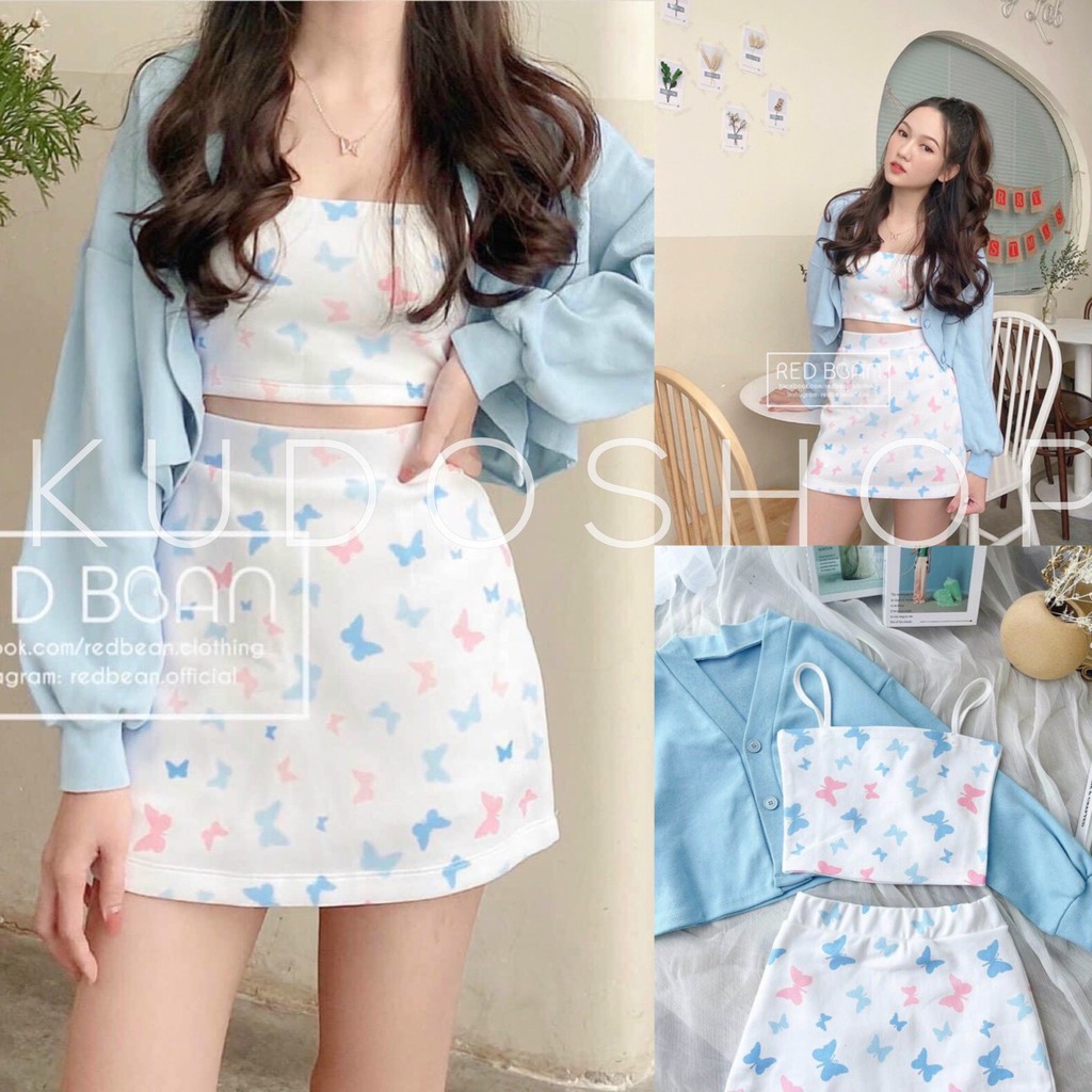 Set áo chân váy 3 món họa tiết bướm kèm áo cadigan dài tay/ Áo 2 dây bún chân váy chữ A kèm áo khoác cardigan_kudoshop