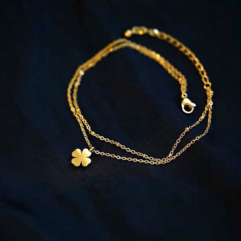 Lắc chân nữ chất liệu titan không gỉ thiết kế 2 tầng cỏ 4 lá xinh xắn phong cách hàn quốc