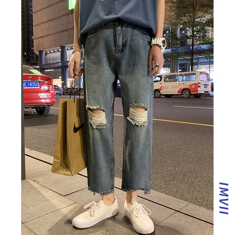 Quần Jeans Lửng Rách Gối Phong Cách Hàn Quốc Thời Trang Cho Nam