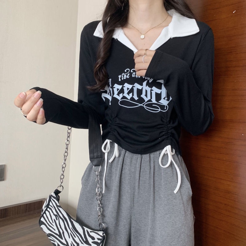 Áo Sơ Mi Dài Tay Cổ Polo Phối Dây Rút Màu Sắc Tương Phản Thời Trang Hàn Quốc Cho