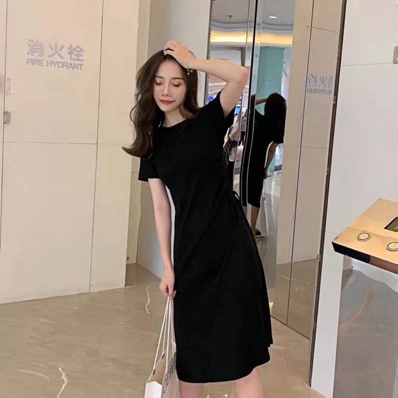AOFEIQIKE Đầm ngắn tay màu trơn cổ tròn chiết eo phong cách hè 2021 cho nữ