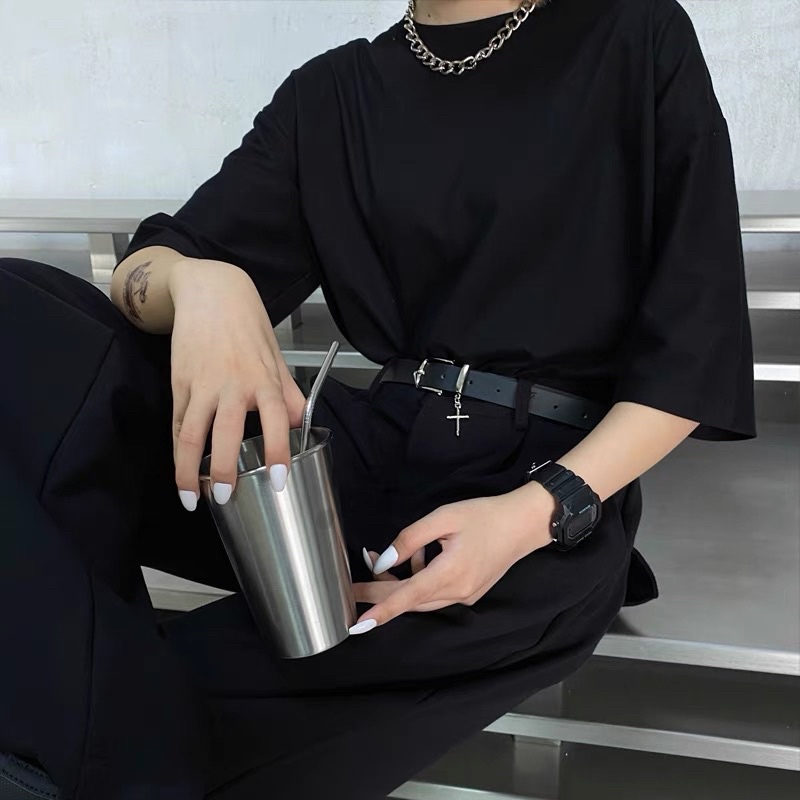 Thắt lưng da màu đen phong cách Hip hop trẻ trung đi chơi cá tính Dây nịt nam nữ TLN002 unisex chữ thập bản nhỏ 2.3cm