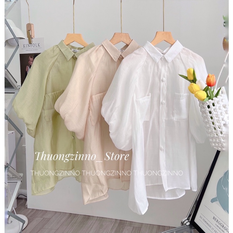 [Ảnh thật/Video] Áo bi bèo Sofia siêu xinh thiết kế cúc bọc 2 màu trắng/ be - áo sơ mi bánh bèo tay phồng