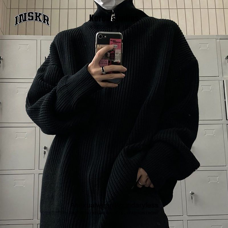 Hàng Có Sẵn  Áo Khoác Cardigan Dệt Kim Dáng Rộng Cổ Đứng Phối Khóa Kéo Phong Cách Retro Đường Phố ins Dễ