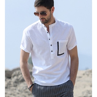 Áo sơ mi nam cổ tầu vuông linen túi phối vải trẻ trung, thời trang phong cách trẻ