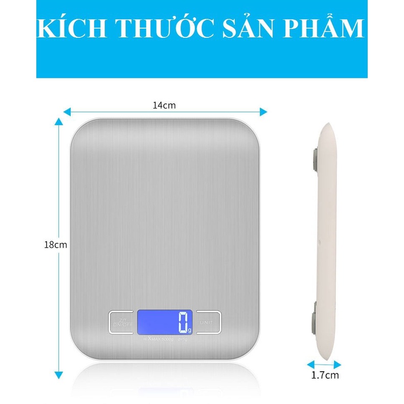 Cân điện tử nhà bếp tiểu ly (5kg - 1g) mặt inox màn hình LCD Hộp xanh