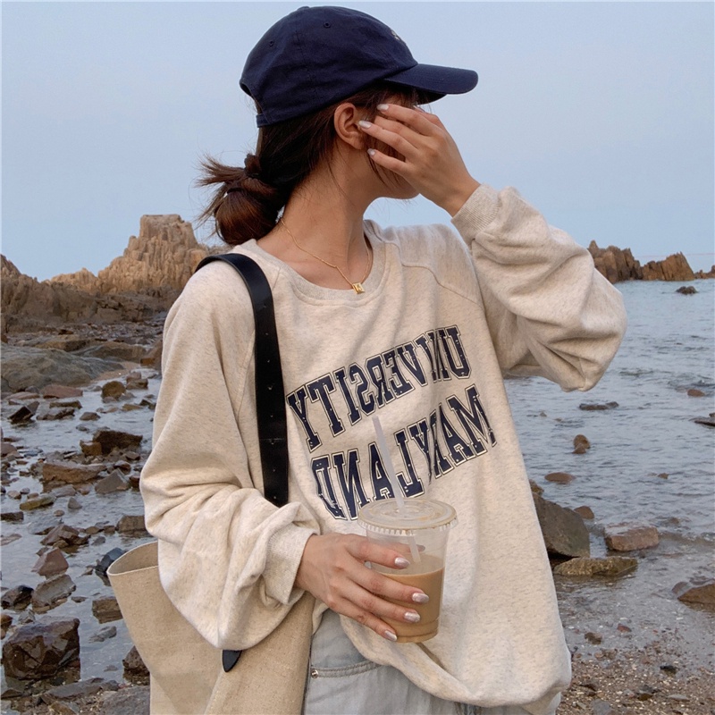 Áo sweater tay dàI cổ tròn in chữ thiết kế mớI phong cách hàn quốc