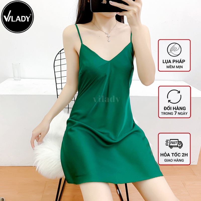 Váy Ngủ Nữ VILADY Lụa Pháp cao cấp Màu Xanh rêu Dáng suông V127