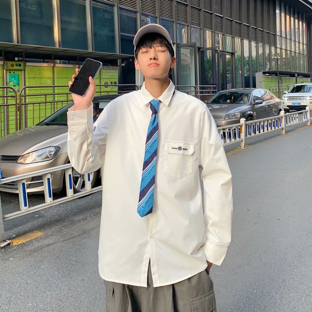 White Long Sleeve Shirt + Men's Fashion Tie Size M-2Xl