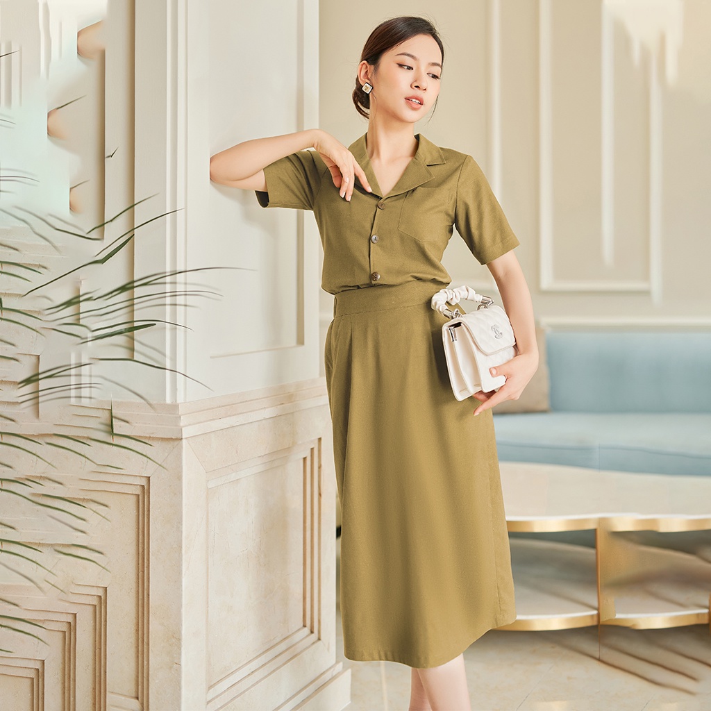 Váy Công Sở Chữ A Tay Ngắn LEOSWEARING Set Chân Váy Dài Qua Gối Lưng Thun và Áo Sơ Mi Chất Vải Linen Bột dam cong so B11