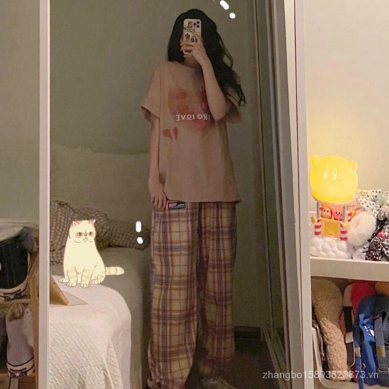 Bộ Áo Phông Trái Tim Quần Culottes Kẻ Caro Set Áo Thun Hồng Quần Caro | BigBuy360 - bigbuy360.vn