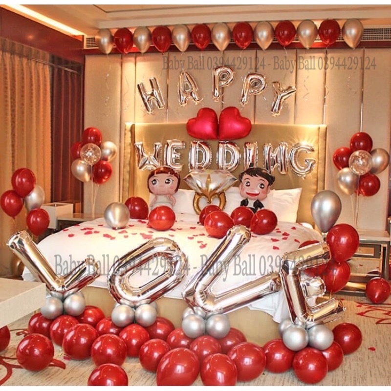 [ TẶNG BƠM VÀ KEO DÁN] Sét Bóng Happy Wedding Trang Trí Phòng Cưới HOT[ Tặng 100 Cánh Hoa]