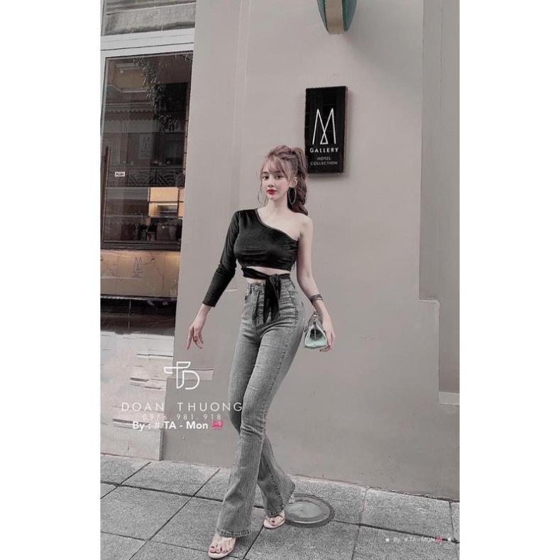 [Video Áo croptop bẹt vai tay dài phối da beo_áo thun body cột eo  ཾ 👑