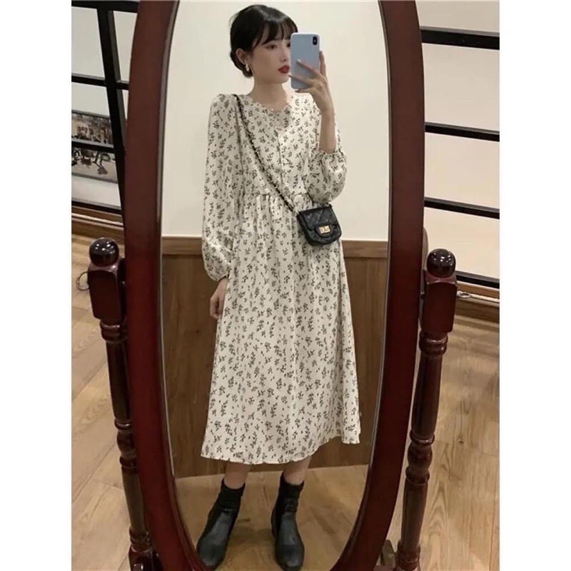 Váy babydoll hoa nhí dáng dài cổ V cài cúc ulzzang - Đầm hoa nhí dài tay vintage