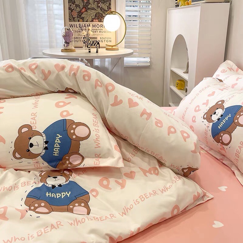 Set Chăn Ga Gấu Happy Ga Tim Hồng Cotton Poly Thoáng Mát Hàng Xuất Nhật (Shinbedding_store)