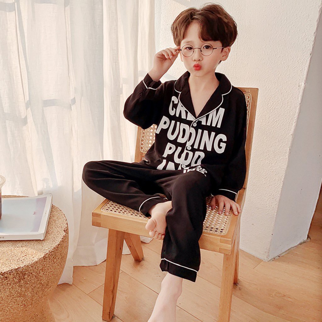 Bộ đồ ngủ dài tay cho bé trai và bé gái mặc đều xinh  Pijama lụa dài tay in chữ cho bé từ 6-28Kg sâu shop