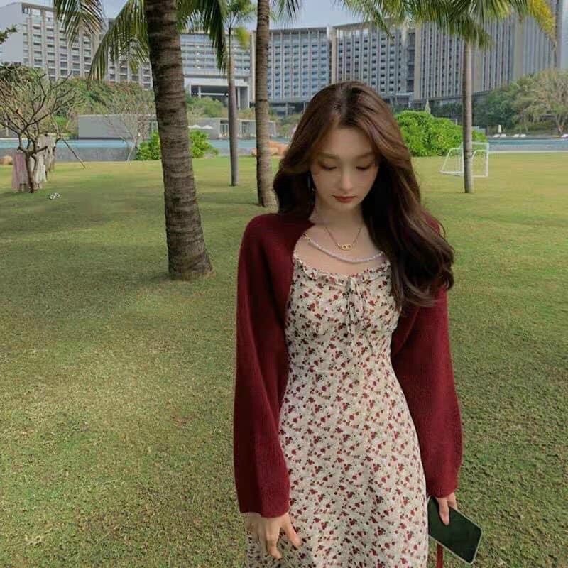 SET ĐẦM 2S HOA NUDE KÈM KHOÁC ĐỎ🖤