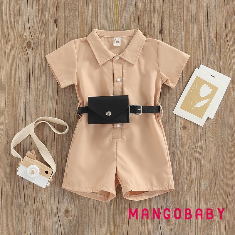Bộ Áo Liền Quần Tay Ngắn Cổ Bẻ Màu Trơn Cài Nút + Túi Thắt Lưng Thời Trang Mùa Hè Cho Bé Trai + Gái