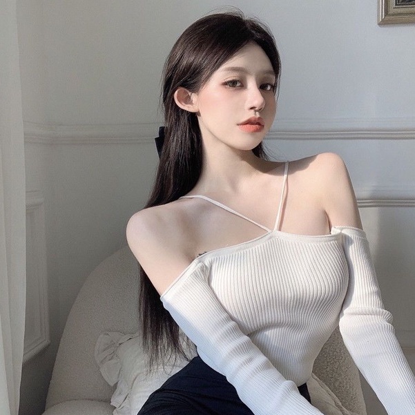 Happy-store ❤️ Áo croptop nữ tay dài kiểu yếm hở vai dây chéo ngực High Standard Top happy store8668