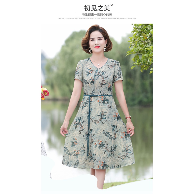 Đầm Tay Ngắn Cổ Chữ V In Họa Tiết Thời Trang Mùa Hè Cho Phụ Nữ Trung Niên 50 Tuổi