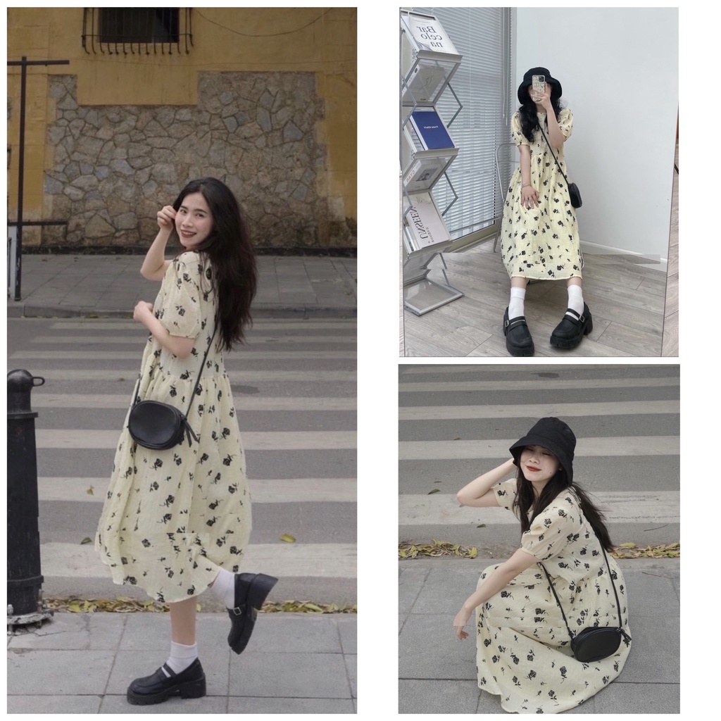 Váy Be Hoa Đen Phối Tay Chun JOLIE Nữ  🌸 Đầm đi biển dáng suông dài bánh bèo tiểu thư hàn quốc Ulzzang 🌸