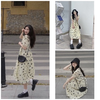 Váy Be Hoa Đen Phối Tay Chun JOLIE Nữ [FREESHIP] 🌸 Đầm đi biển dáng suông dài bánh bèo tiểu thư hàn quốc Ulzzang 🌸