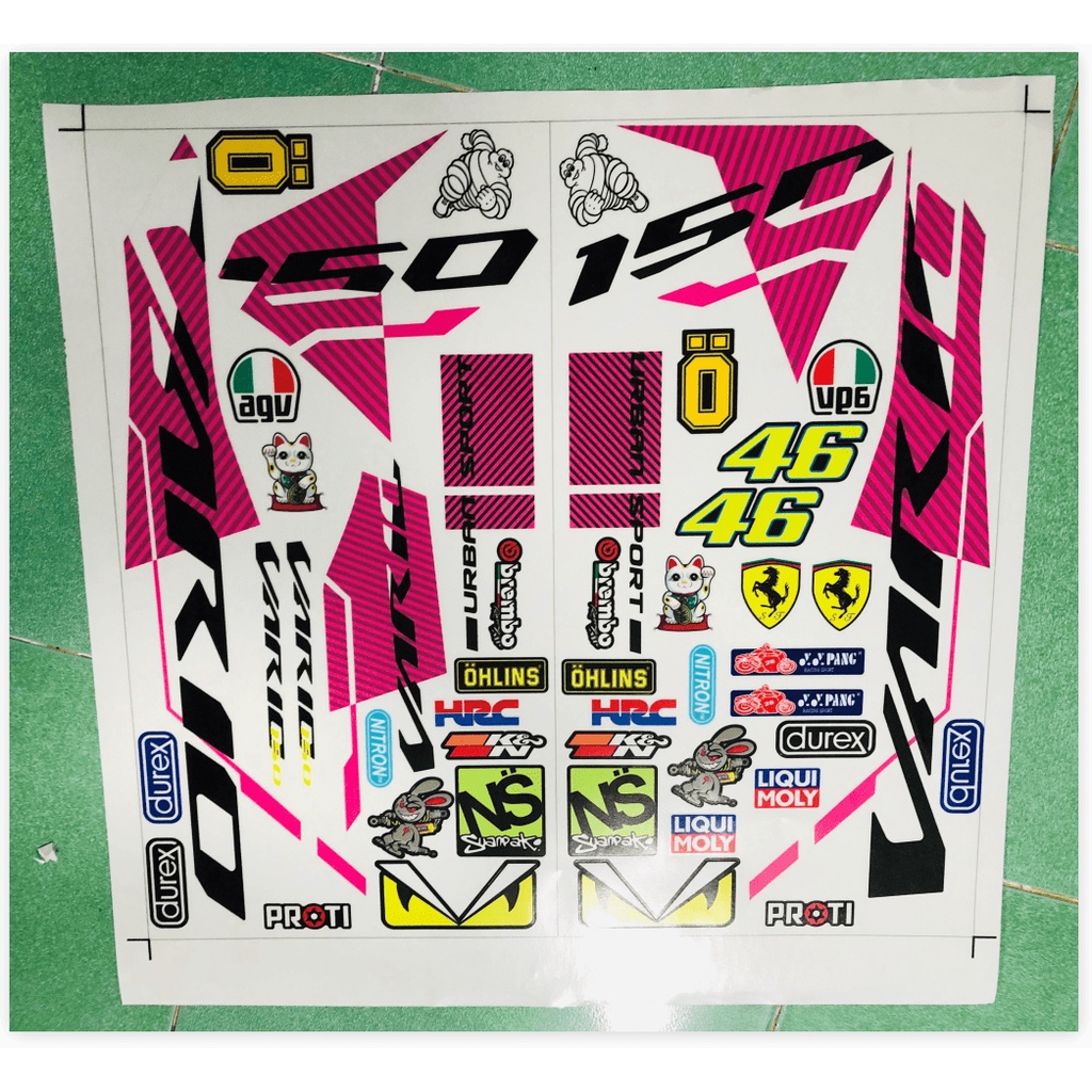 ( Quí khách vui lòng mang ra tiệm cho thợ dán ) Tem vario 150 indo hồng trắng